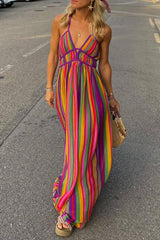 Vacation Striped Contrast V Neck Dresses