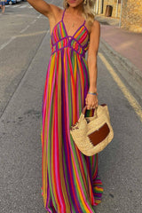 Vacation Striped Contrast V Neck Dresses