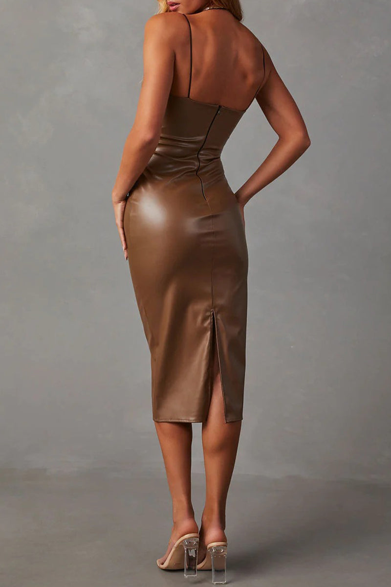 Solid Backless Slit U Neck Sling Dress Dresses