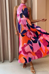 Vacation Gradual Change Print Fold Contrast Halter Sleeveless Dress Dresses