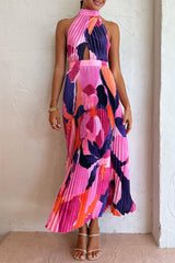 Vacation Gradual Change Print Fold Contrast Halter Sleeveless Dress Dresses