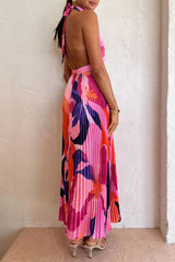 Vacation Gradual Change Print Fold Contrast Halter Sleeveless Dress Dresses