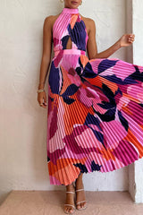 Vacation Gradual Change Print Fold Contrast Halter Sleeveless Dress Dresses