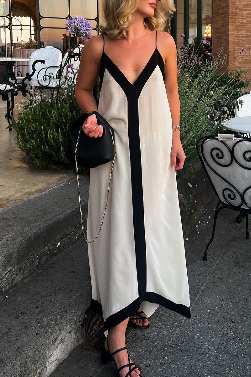 College Solid Patchwork V Neck Sling Dress Dresses