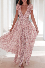 Floral Hollowed Out Flounce V Neck Sleeveless Dress Dresses