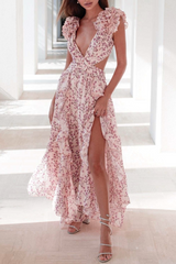 Floral Hollowed Out Flounce V Neck Sleeveless Dress Dresses