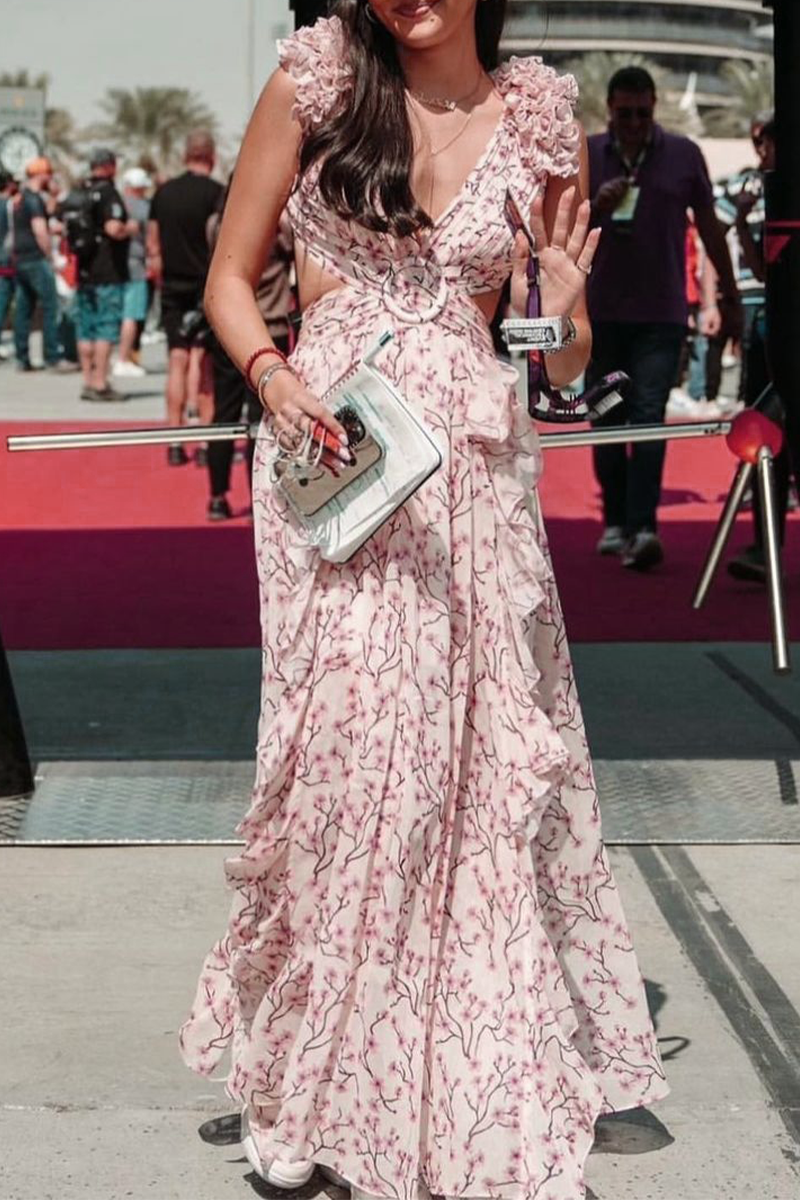 Floral Hollowed Out Flounce V Neck Sleeveless Dress Dresses