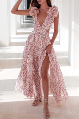 Floral Hollowed Out Flounce V Neck Sleeveless Dress Dresses