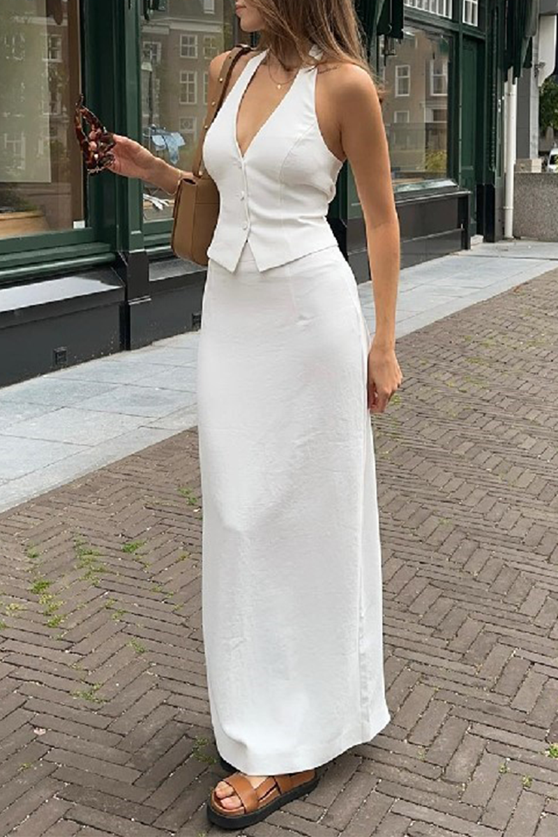 Celebrities Solid Backless Halter Sleeveless Two Pieces