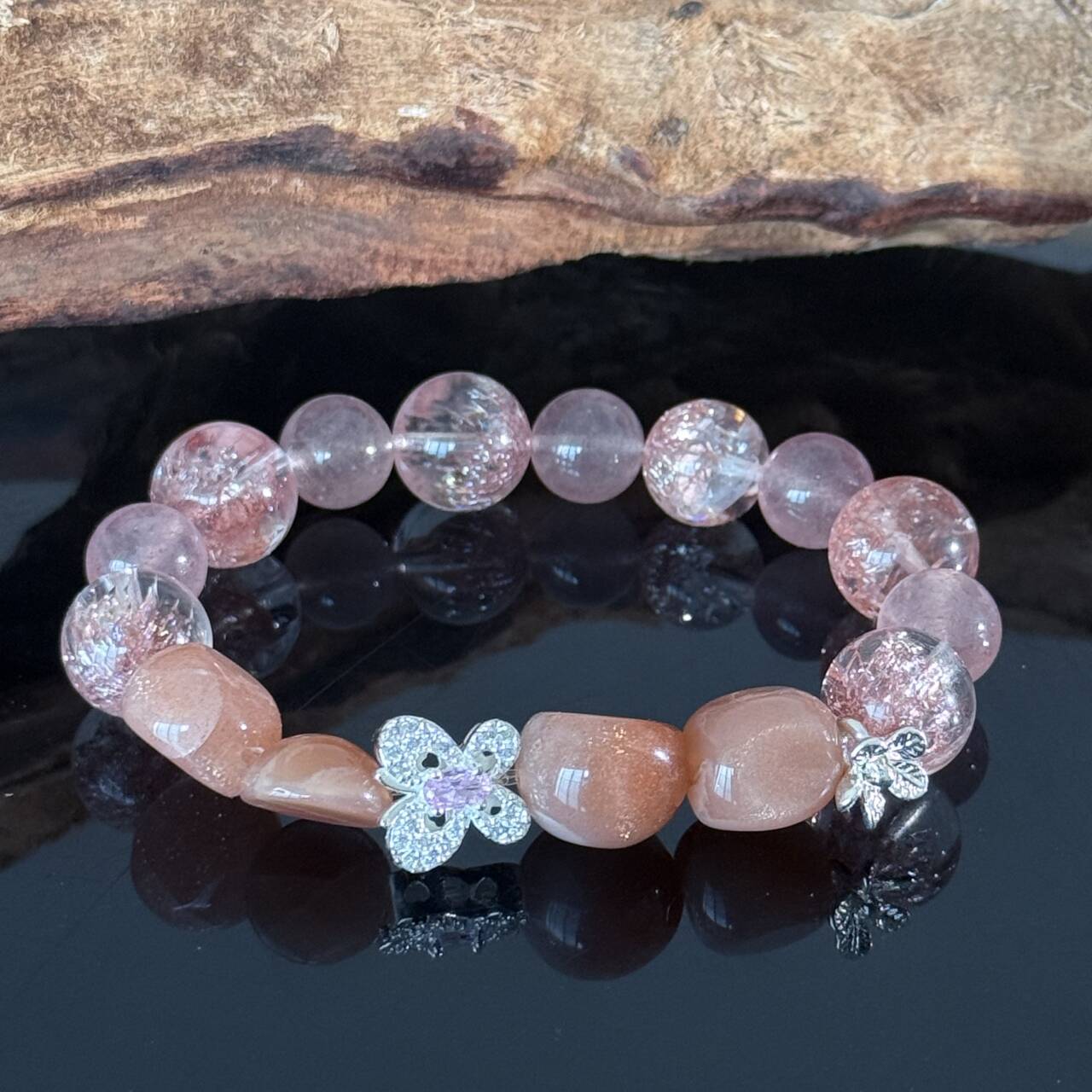 Pink Strawberry Quartz and Rose Crystal Bracelet – Handmade Gemstone Elastic Bracelet
