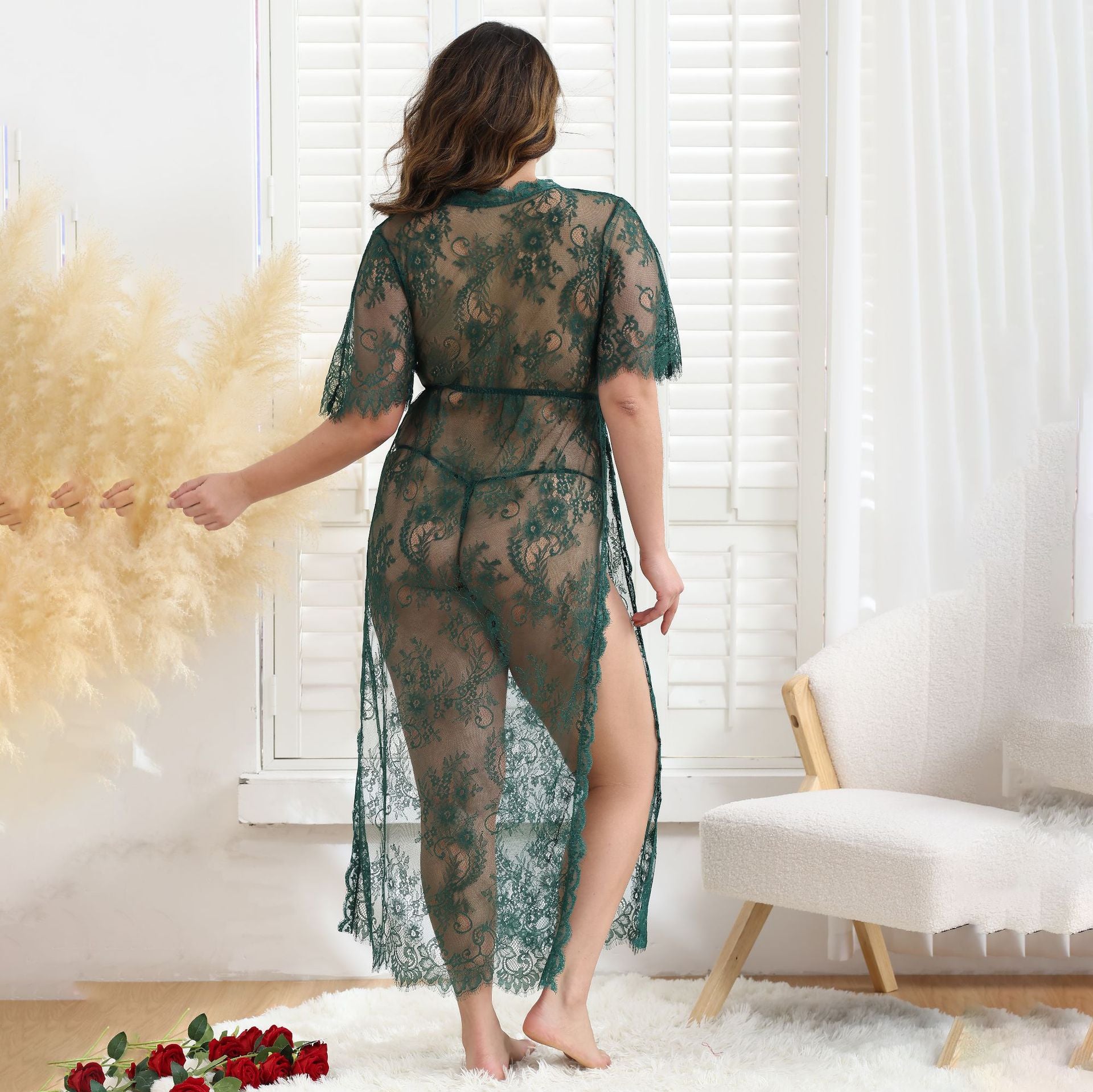 Lace Mesh See-through Big Dress Long-Sleeved Suit