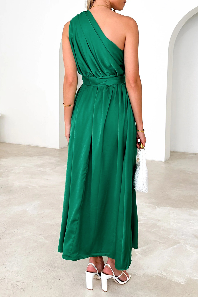 Solid Backless Oblique Collar Waist Skirt Dresses(5 Colors)