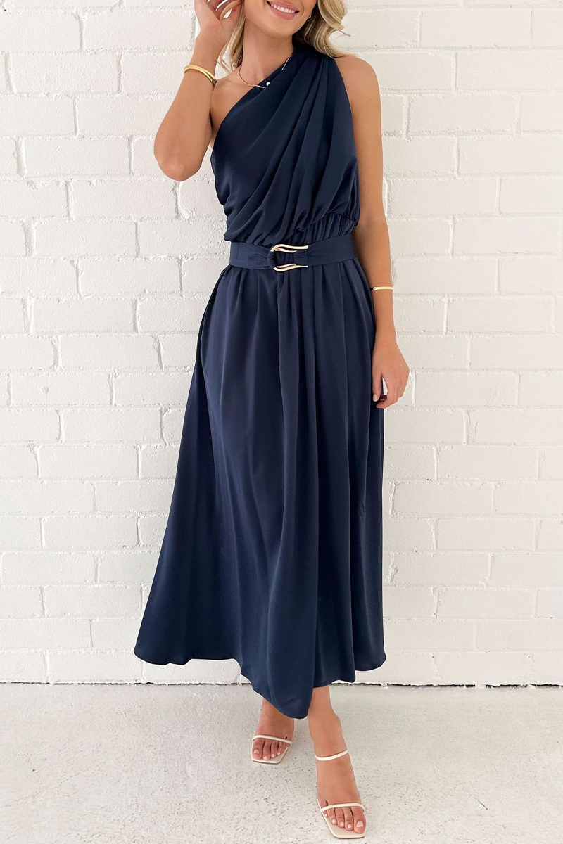 Solid Backless Oblique Collar Waist Skirt Dresses(5 Colors)