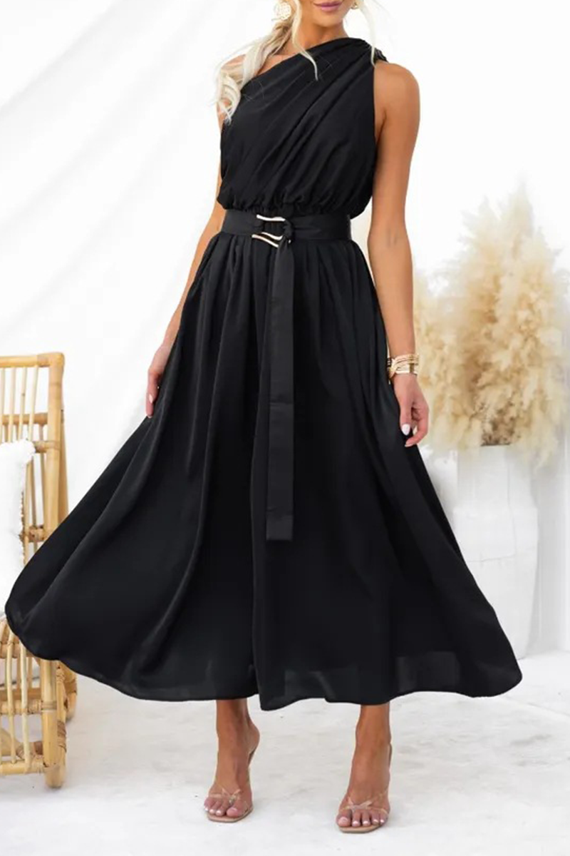 Solid Backless Oblique Collar Waist Skirt Dresses(5 Colors)