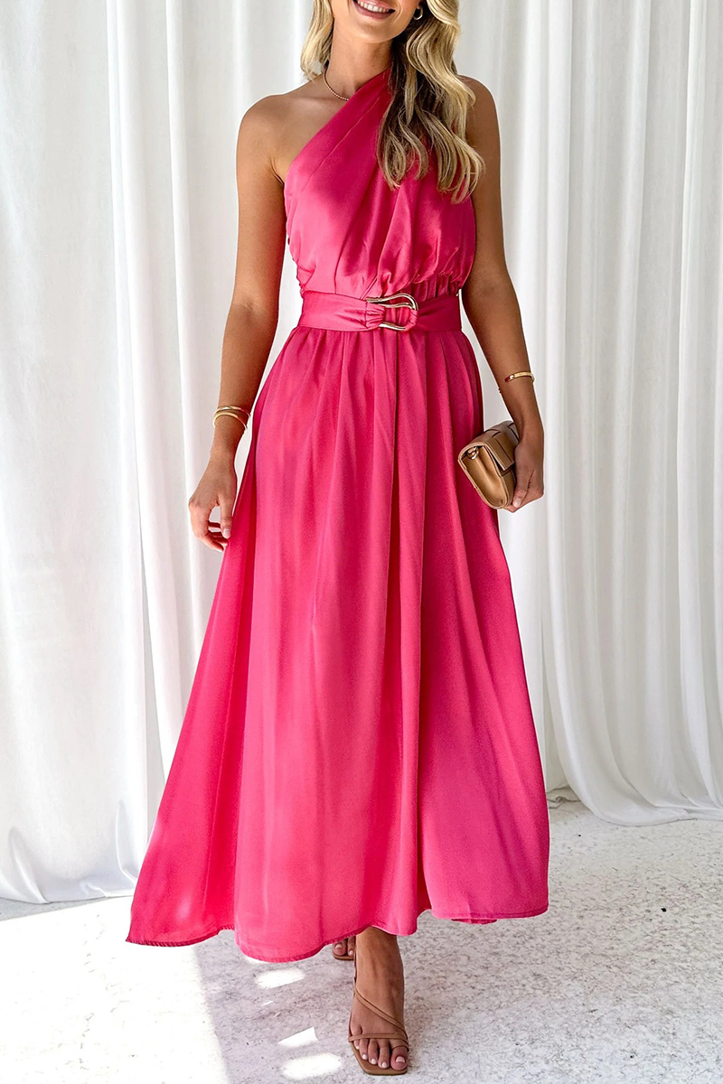Solid Backless Oblique Collar Waist Skirt Dresses(5 Colors)