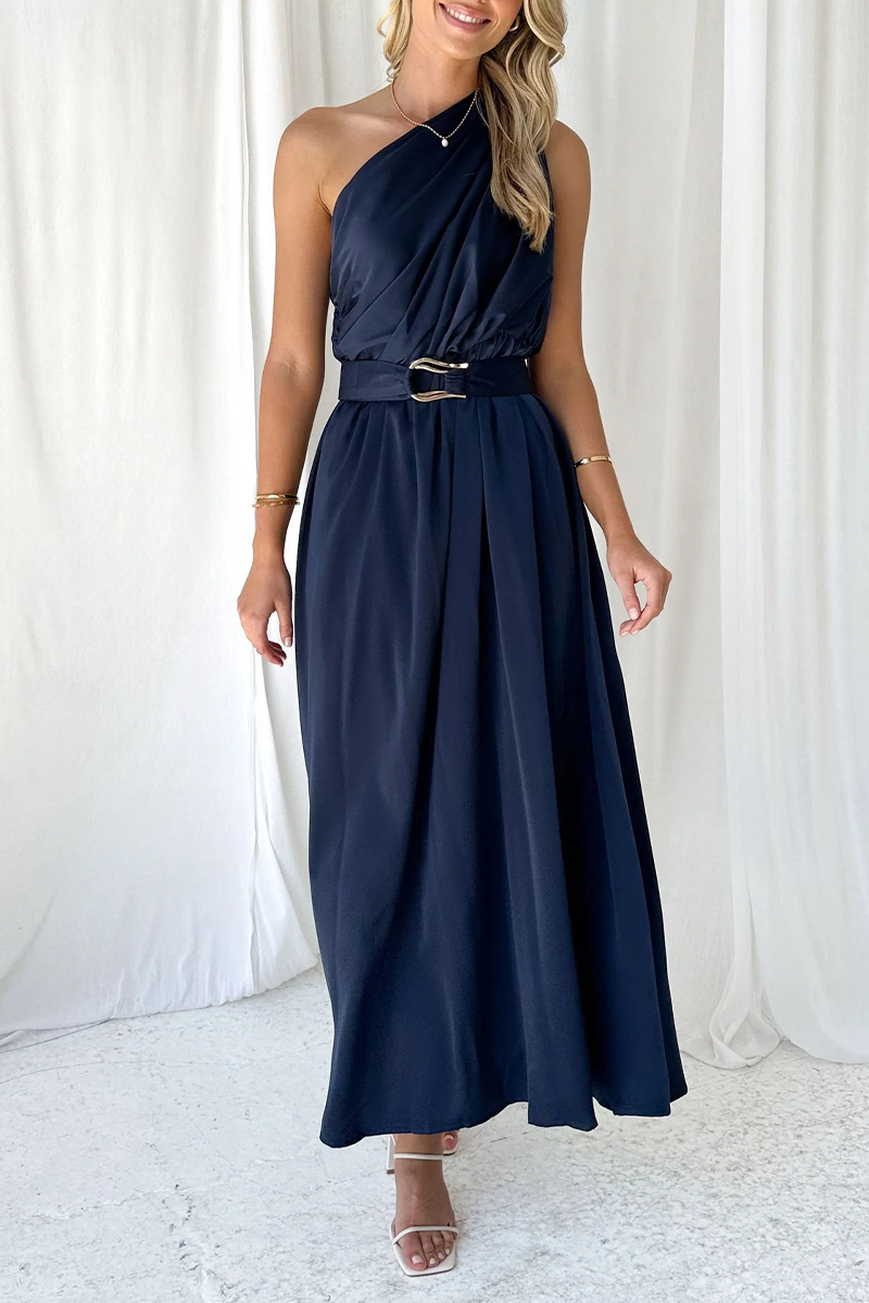 Solid Backless Oblique Collar Waist Skirt Dresses(5 Colors)