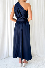 Solid Backless Oblique Collar Waist Skirt Dresses(5 Colors)