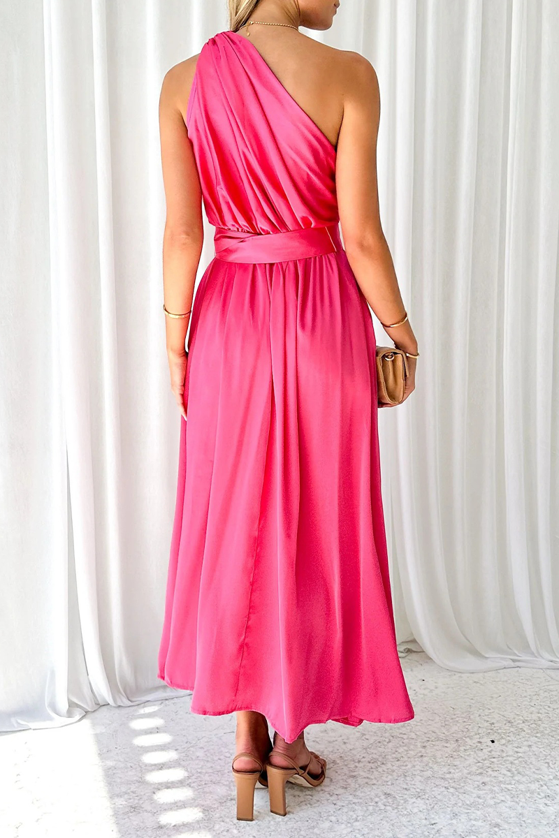 Solid Backless Oblique Collar Waist Skirt Dresses(5 Colors)