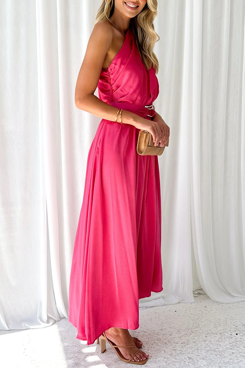 Solid Backless Oblique Collar Waist Skirt Dresses(5 Colors)