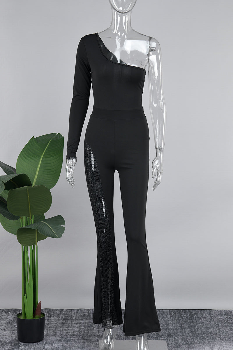 Casual Solid Patchwork Oblique Collar Skinny Jumpsuits