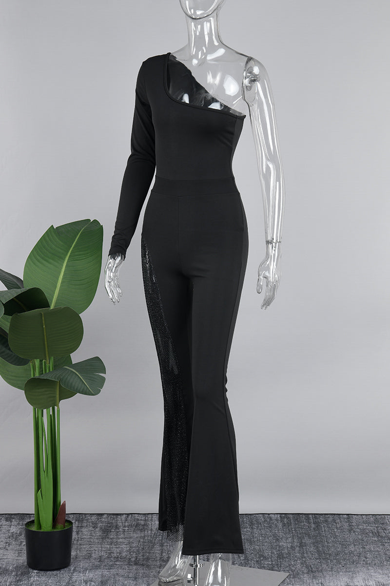 Casual Solid Patchwork Oblique Collar Skinny Jumpsuits