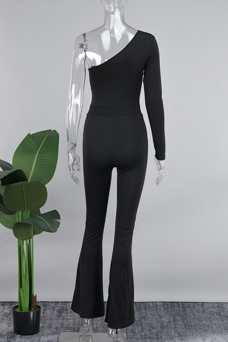 Casual Solid Patchwork Oblique Collar Skinny Jumpsuits