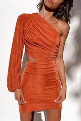 Solid Hollowed Out Oblique Collar Wrapped Skirt Dresses
