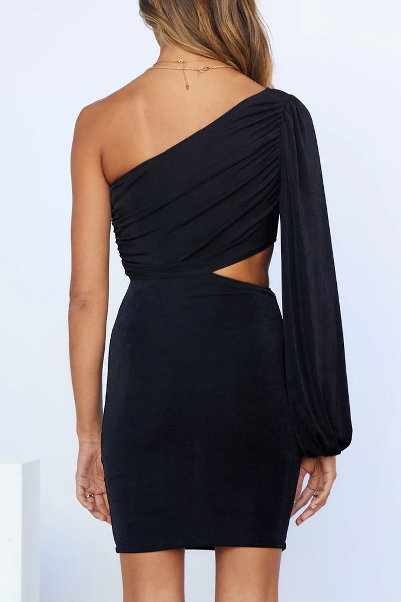 Solid Hollowed Out Oblique Collar Wrapped Skirt Dresses
