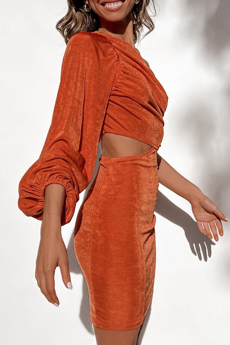 Solid Hollowed Out Oblique Collar Wrapped Skirt Dresses