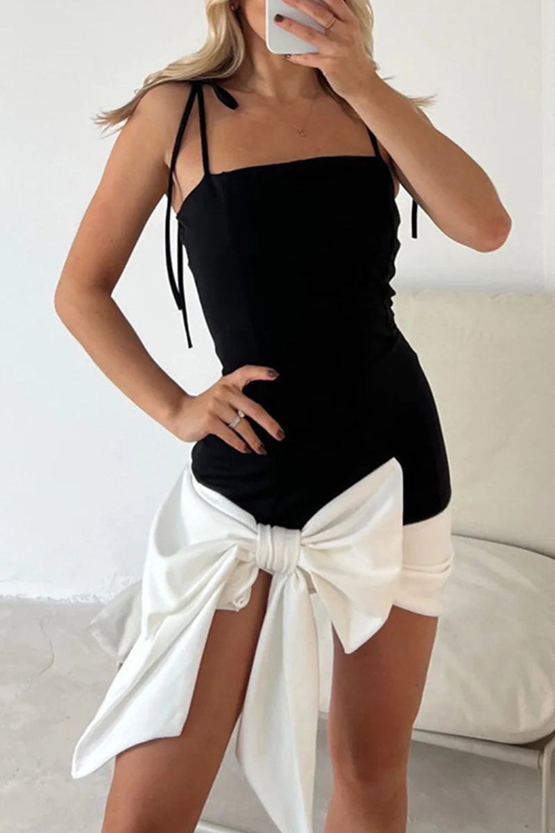 Formal Solid Frenulum With Bow Square Collar Sling Dress Dresses(3 Colors)
