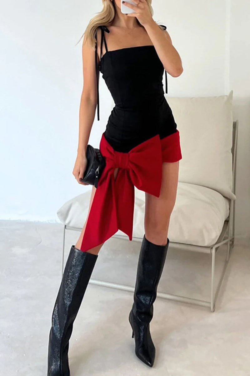 Formal Solid Frenulum With Bow Square Collar Sling Dress Dresses(3 Colors)