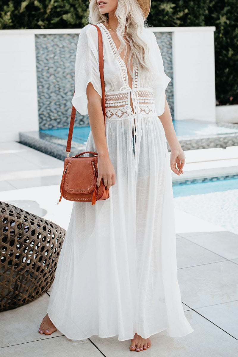 Vacation Solid Lace Hollowed Out Swimwears Cover Up