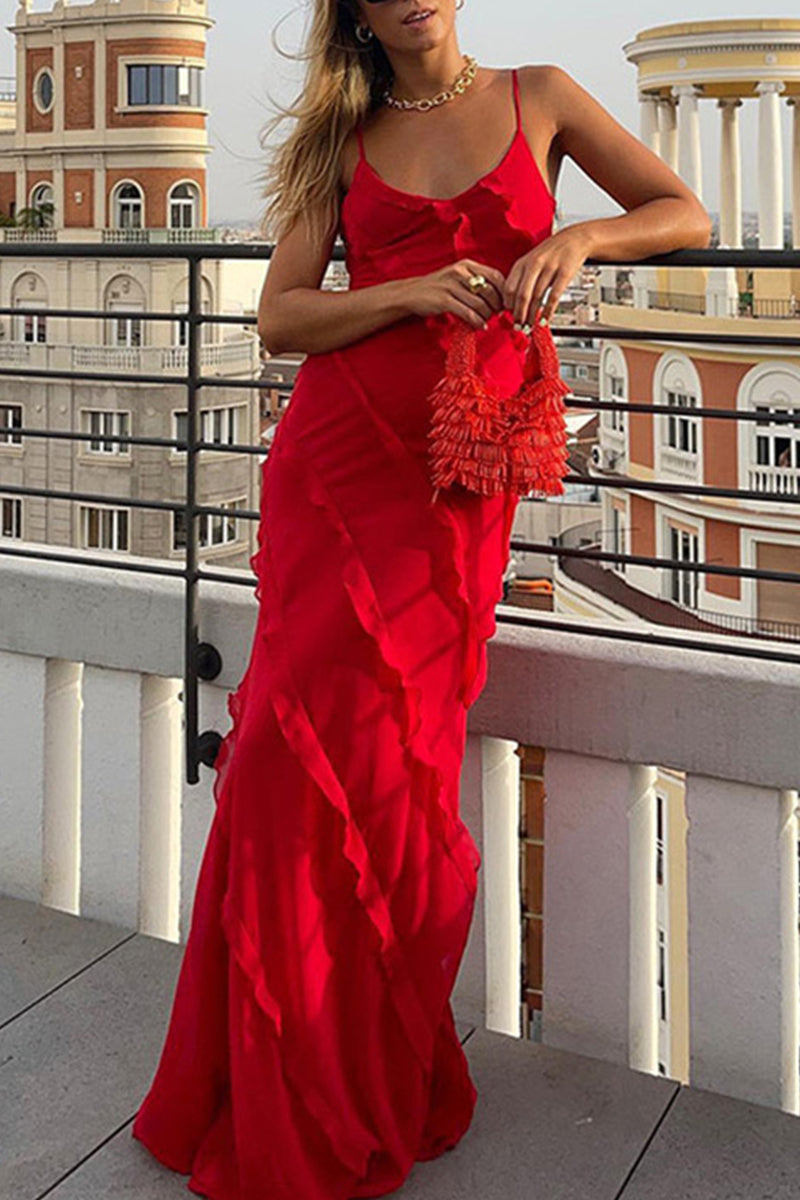 Celebrities Solid Flounce Slit V Neck Sling Dress Dresses