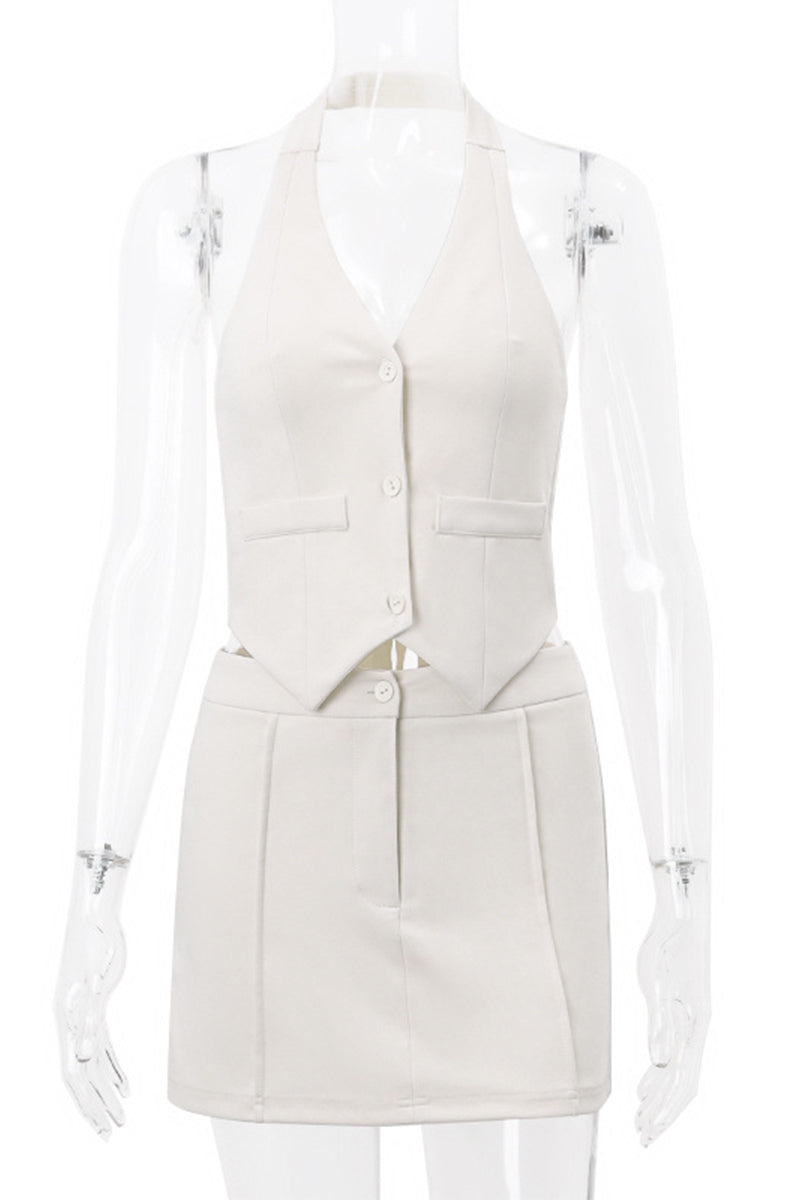 British Style Solid Backless Halter Sleeveless Two Pieces