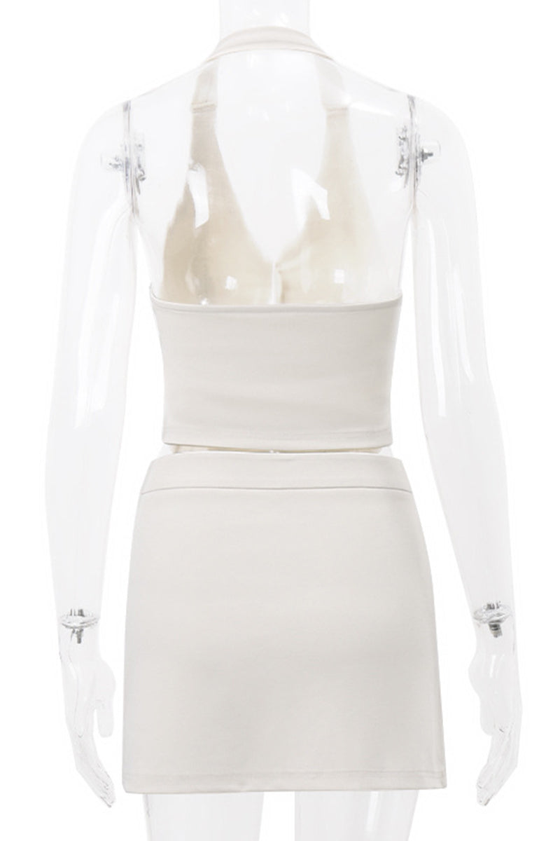 British Style Solid Backless Halter Sleeveless Two Pieces