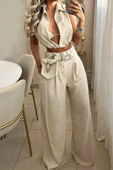 Celebrities Solid Pocket Without Belt Turndown Collar Sleeveless Two Pieces(No Belt)