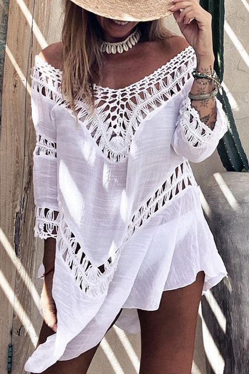 Vacation Solid Hollowed Out Swimwears Cover Up