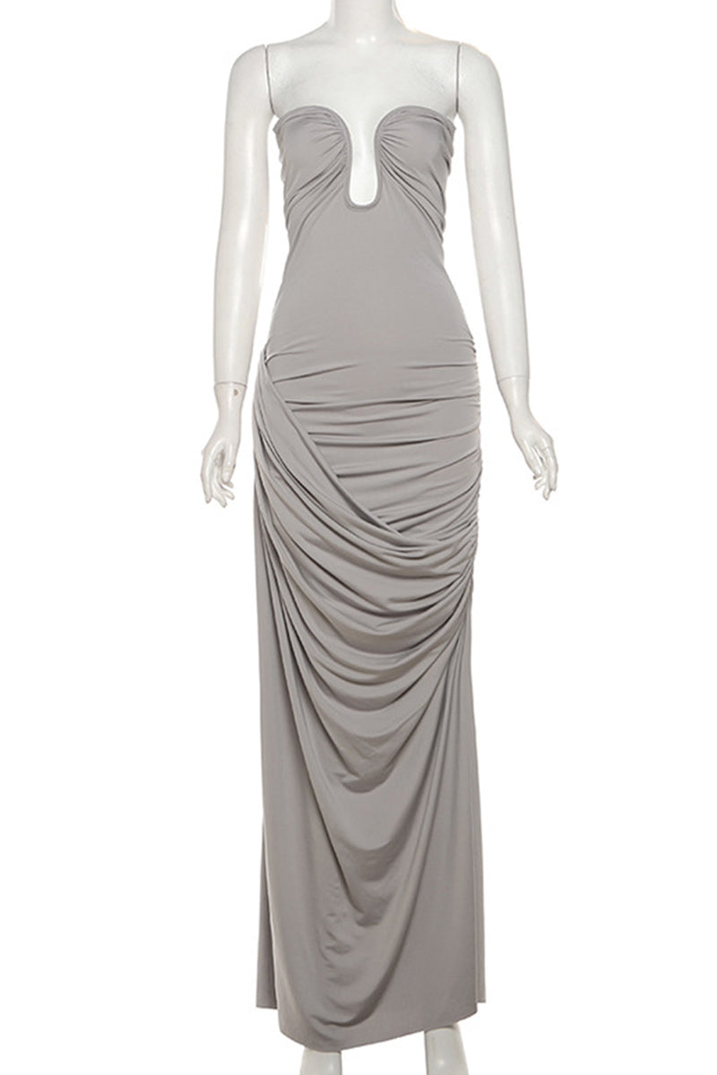 Solid Fold Asymmetrical V Neck One Step Skirt Dresses