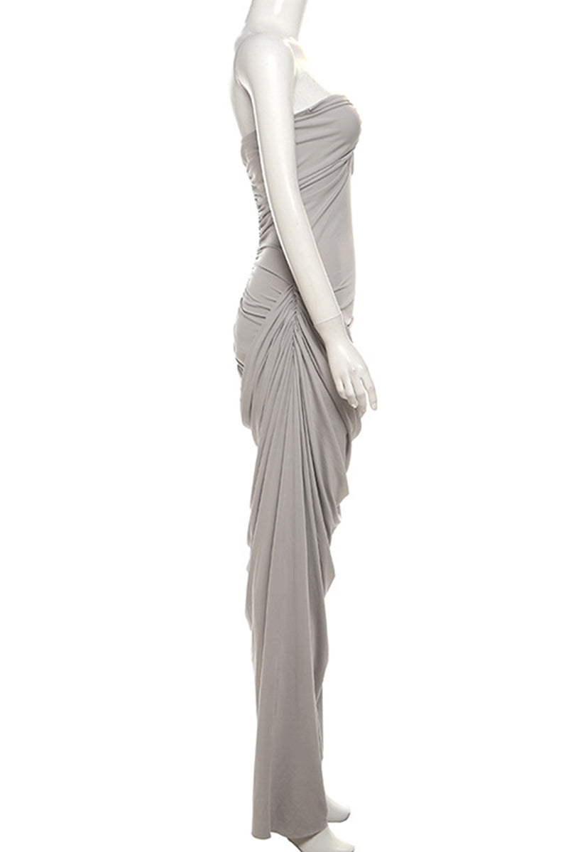 Solid Fold Asymmetrical V Neck One Step Skirt Dresses