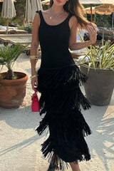 Solid Tassel Backless U Neck Sling Dresses
