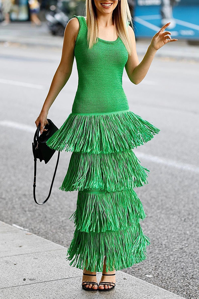 Solid Tassel Backless U Neck Sling Dresses