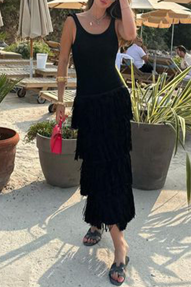 Solid Tassel Backless U Neck Sling Dresses