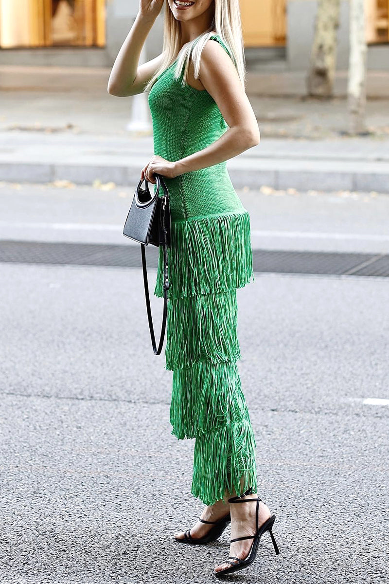 Solid Tassel Backless U Neck Sling Dresses