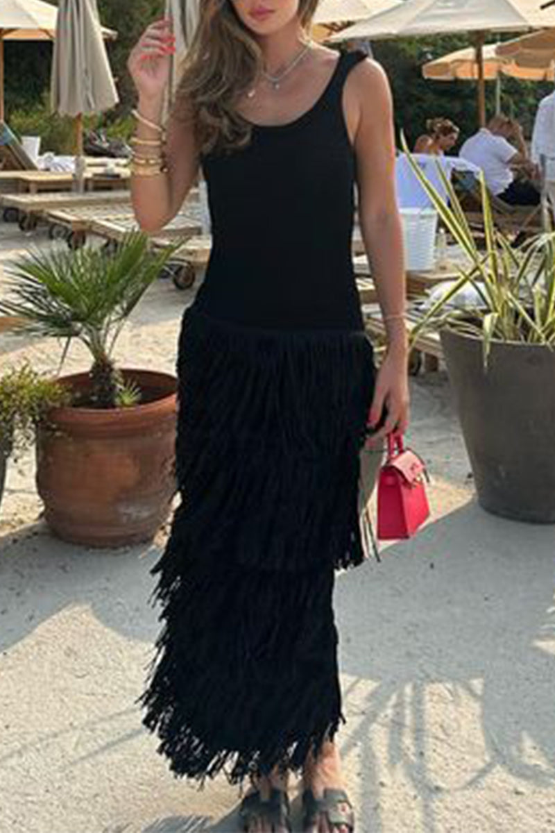 Solid Tassel Backless U Neck Sling Dresses