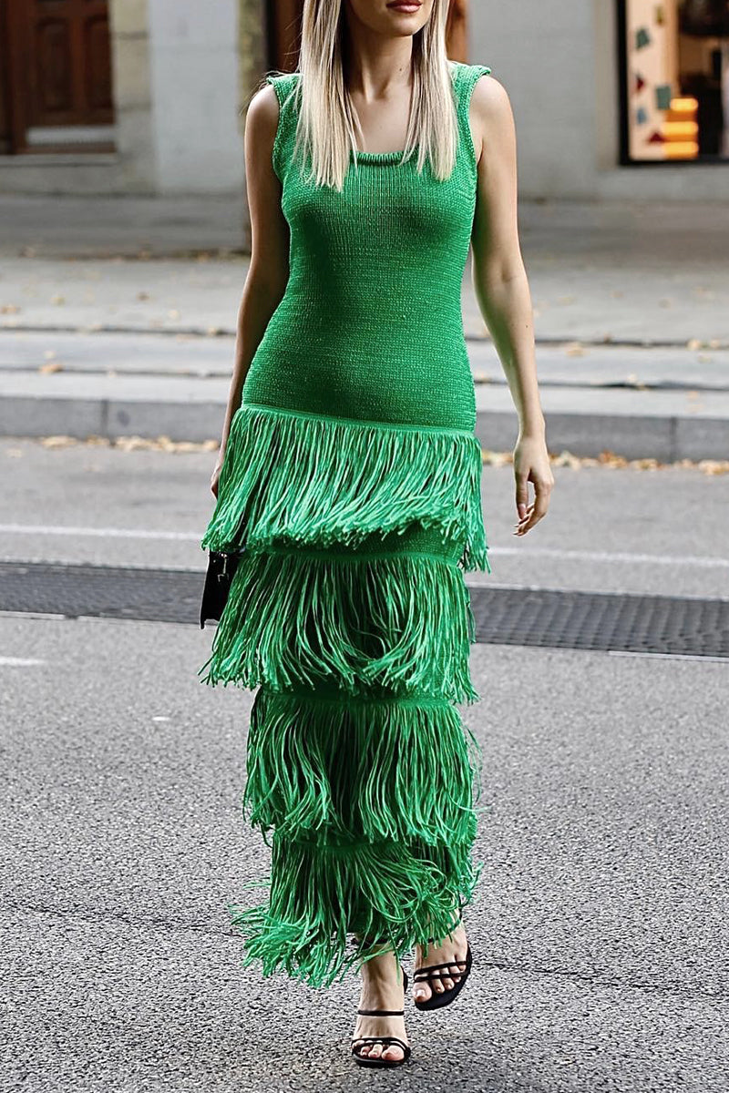 Solid Tassel Backless U Neck Sling Dresses