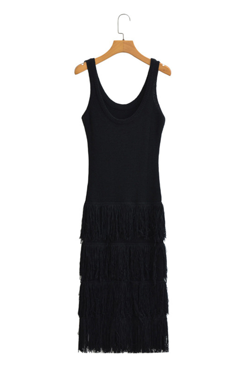 Solid Tassel Backless U Neck Sling Dresses