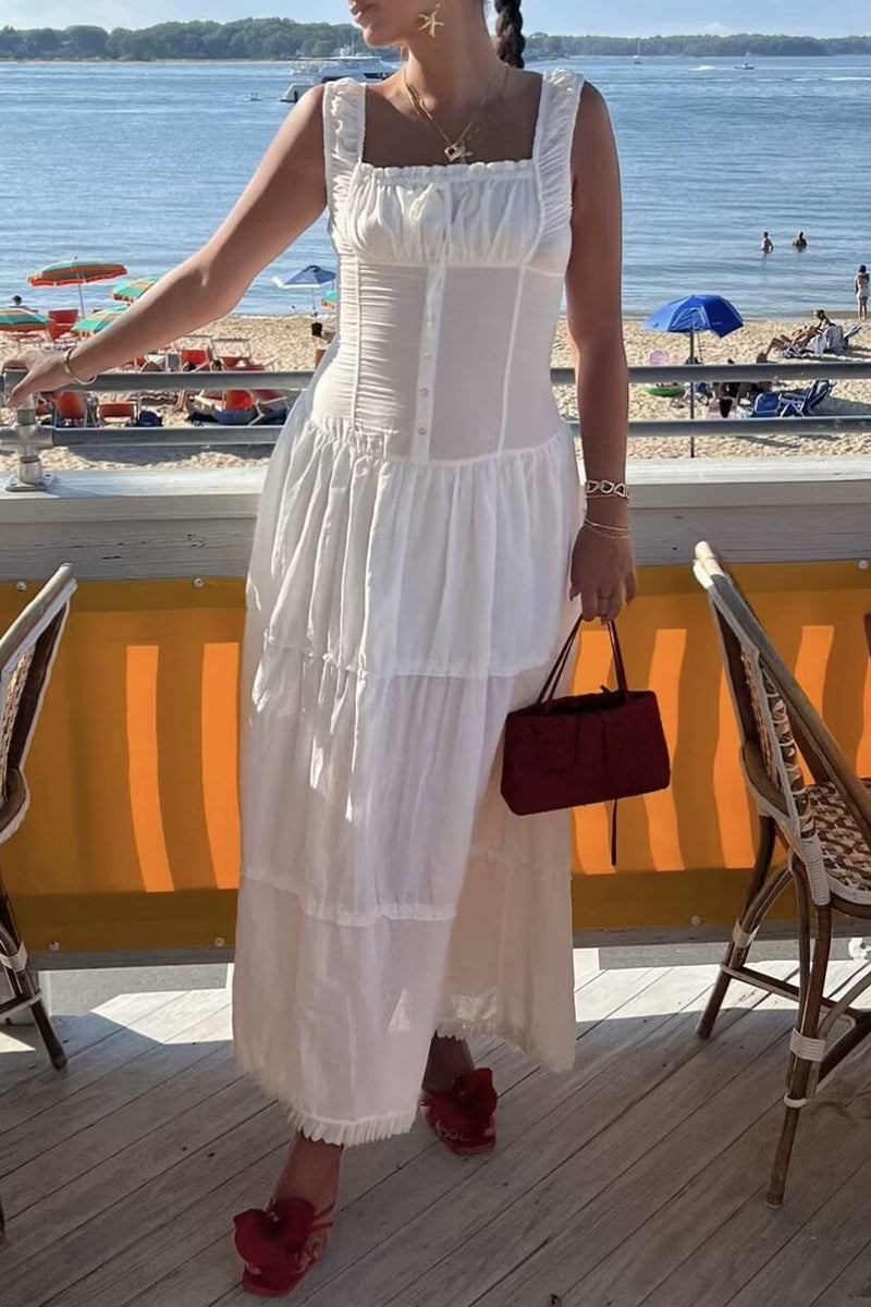 Vacation Solid Buckle Fold Square Collar Waist Skirt Dresses