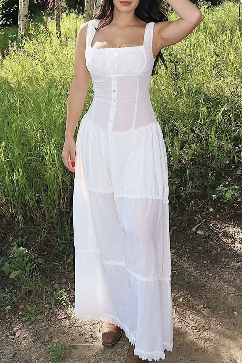 Vacation Solid Buckle Fold Square Collar Waist Skirt Dresses