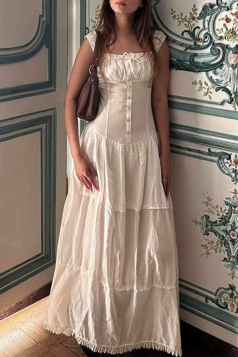 Vacation Solid Buckle Fold Square Collar Waist Skirt Dresses