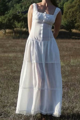 Vacation Solid Buckle Fold Square Collar Waist Skirt Dresses